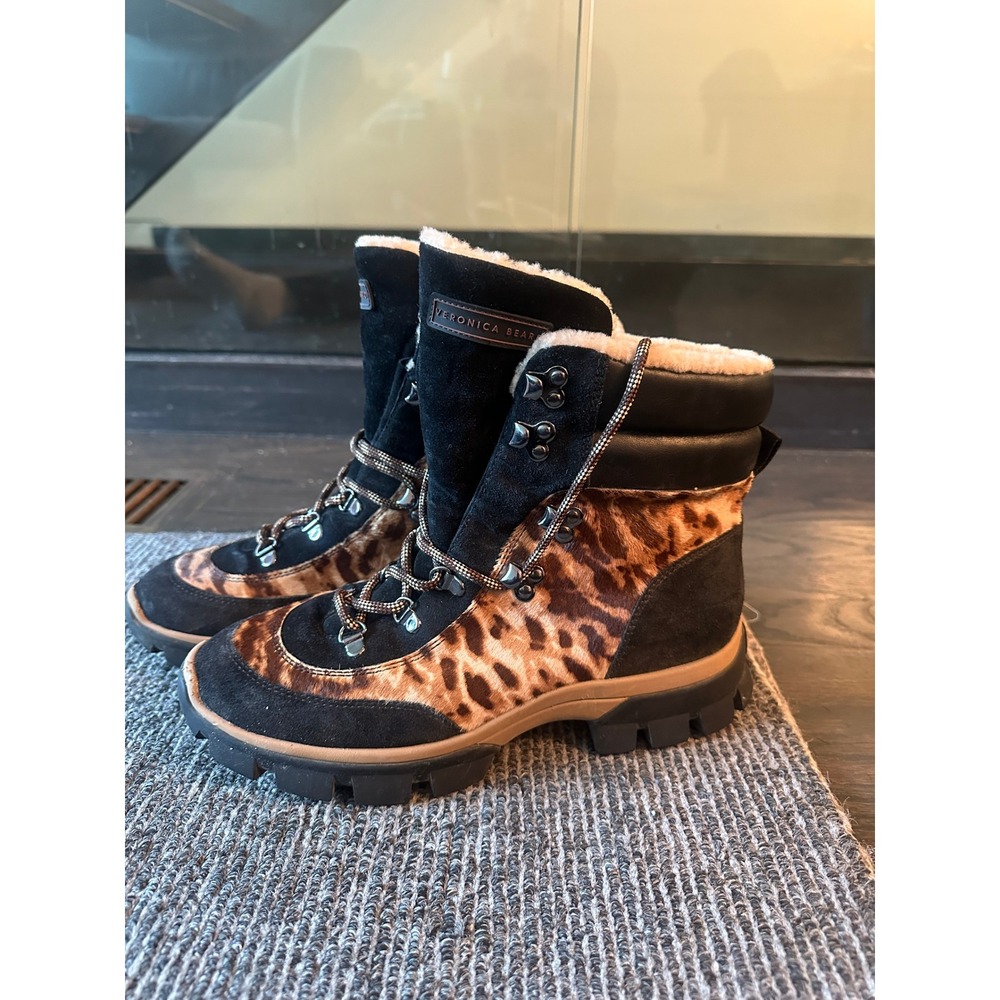 Veronica Beard Galina Leopard Calf Hair Suede Hiking Boots Black Camel 9M